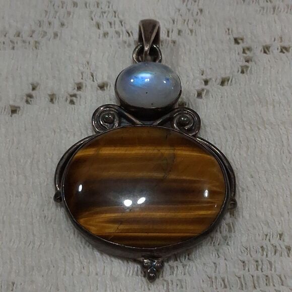 Vintage 925 Silver Real Tiger Eye & Moonstone Gemstone Oval Pendant Boho Hippie - Picture 12 of 16